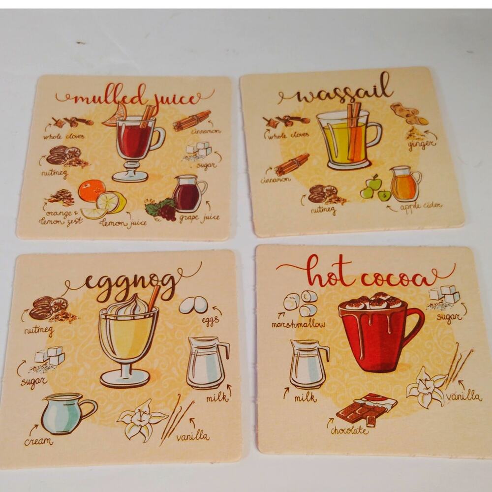 VTG‑Style Winter Recipe Drink Coasters Set of 4 Holiday Cocoa Eggnog NEW